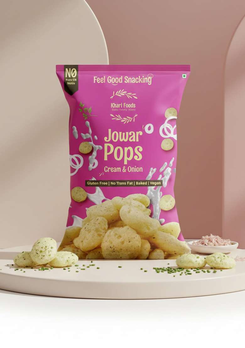 Khari Foods Jowar Pops Cream Onion Flavoured No Palm Oil Maida Millet Goodness Fibre Rich Zero Cholestrol Baked Gluten Free Vegan Snacks For Kids Adults 50G Pack of 1 - Indya