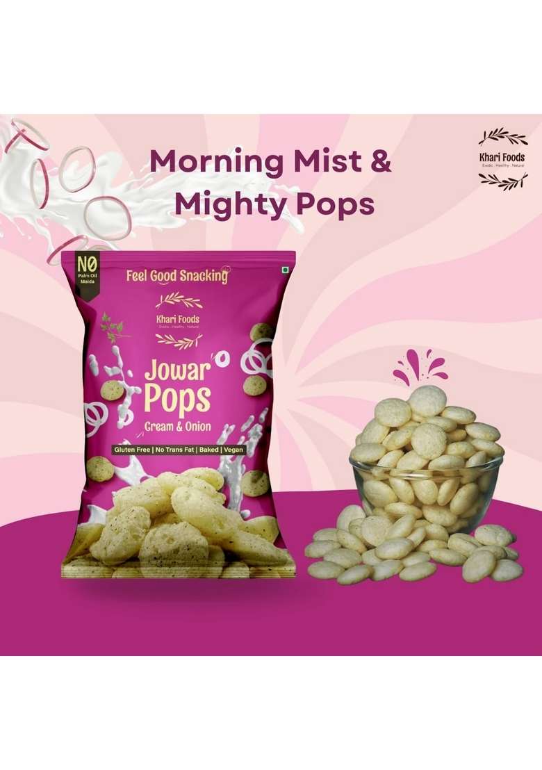 Khari Foods Jowar Pops Cream Onion Flavoured No Palm Oil Maida Millet Goodness Fibre Rich Zero Cholestrol Baked Gluten Free Vegan Snacks For Kids Adults 50G Pack of 1 - Indya
