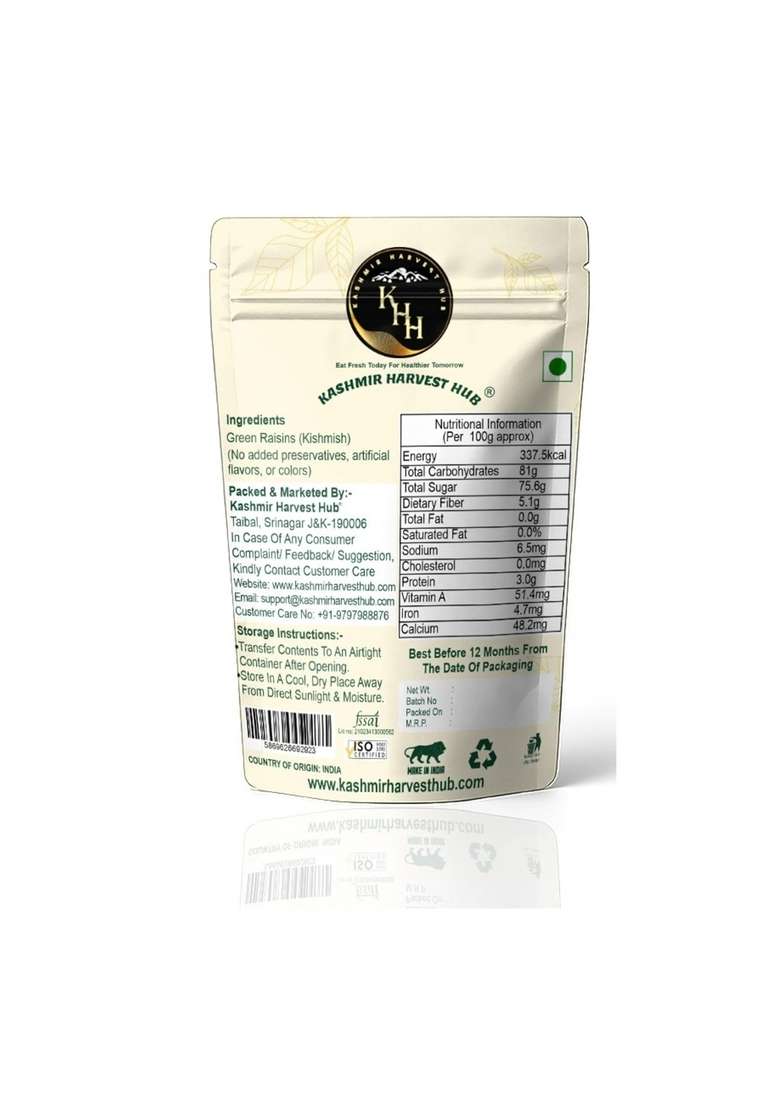 Kashmir Harvest Hub Premium Seedless Green Raisins 500G | Pure Quality Kishmish Kismis Dry Fruits Healthy Snacks Rich In Iron Vitamin B Antioxidant Fruit Snack Juicy Dried Grapes - Indya