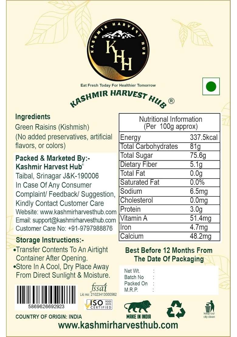 Kashmir Harvest Hub Premium Seedless Green Raisins 500G | Pure Quality Kishmish Kismis Dry Fruits Healthy Snacks Rich In Iron Vitamin B Antioxidant Fruit Snack Juicy Dried Grapes - Indya