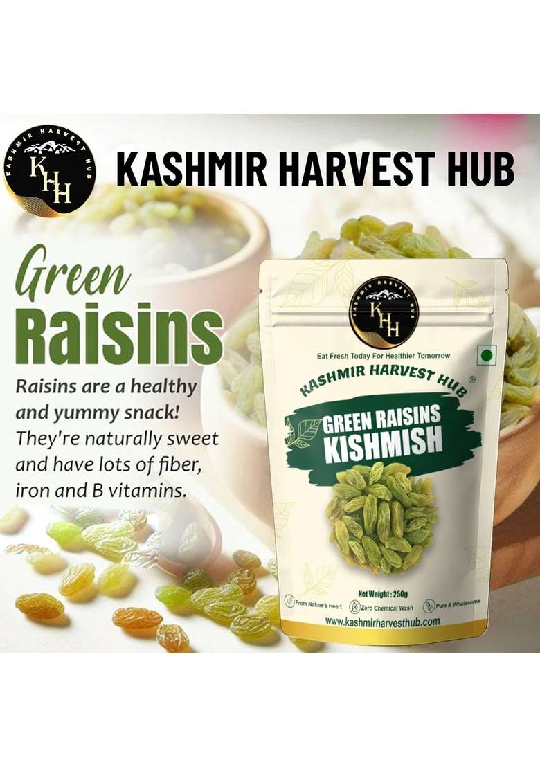 Kashmir Harvest Hub Premium Seedless Green Raisins 500G | Pure Quality Kishmish Kismis Dry Fruits Healthy Snacks Rich In Iron Vitamin B Antioxidant Fruit Snack Juicy Dried Grapes - Indya