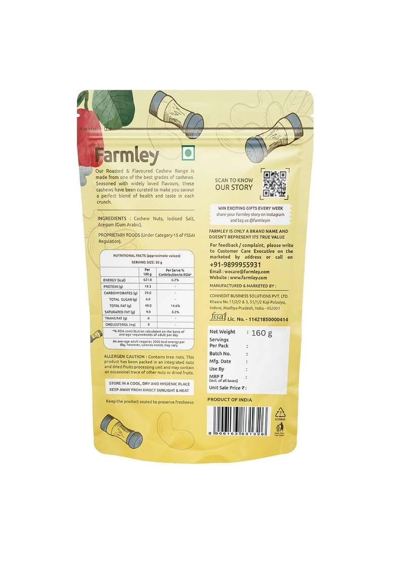 Farmley Roasted Salted Flavour Cashews 160G I Rich In Protein Magnesium And Phosphorus No Artificial Colours - Indya