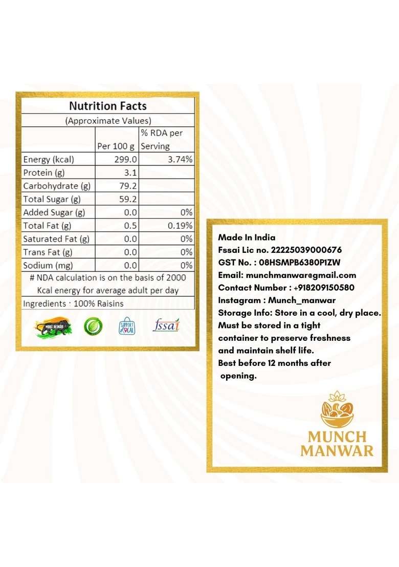 Munch Manwar Golden Raisins Natural Energy Boosting Dry Fruit For Kids Adults 1Kg - Indya
