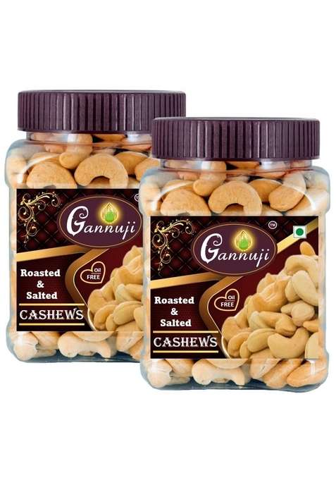 Gannuji 1 Kg Roasted And Salted Premium Cashew Nuts | Crunchy Kaju Oil Free 500Gm X 2 Jar