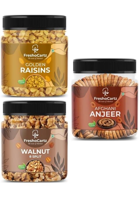 Freshocartz Dry Fruits Combo | Raisins Figs And Walnut 250G Each Kismish Anjeer Akhrot Gift Hamper For Family Employees Jar Pack Healthy Of 3