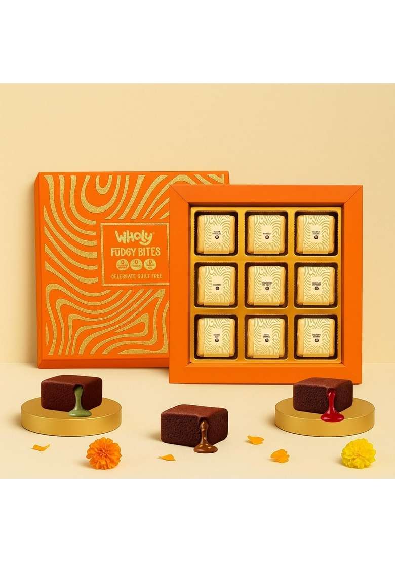 Wholy Fudgy Cake Bites Festive Gift Hamper | 9 Gourmet Flavours Eggless Center Filled Chocolate Snack Cakes Baked With Jaggery Belgian Cocoa No Maida Palm Oil Preservatives Low Cal Wholegrain Premium Celebration Pack Of 20G Exclusive Assortments - Indya
