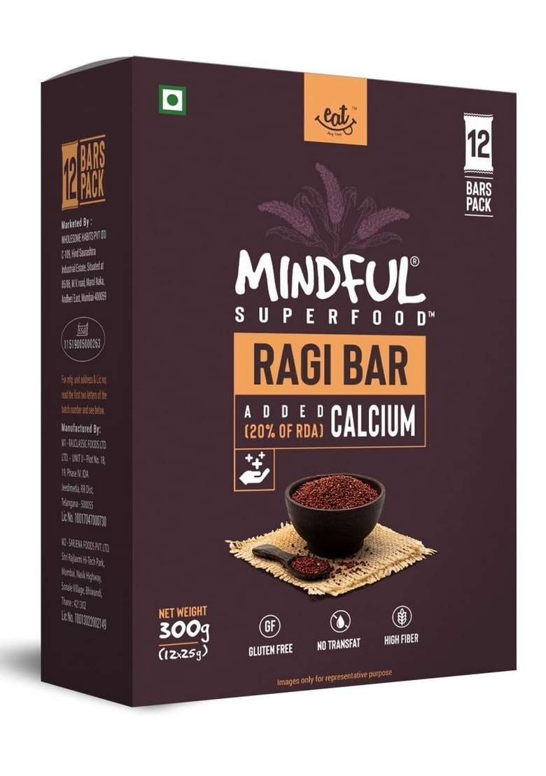 Eat Anytime Mindful Healthy Energy Ragi Bar | Gluten Free High Fiber Sugar Protein Breakfast 600Gm 24Pcs Of 25Gm - Indya