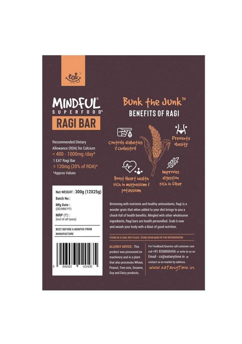 Eat Anytime Mindful Healthy Energy Ragi Bar | Gluten Free High Fiber Sugar Protein Breakfast 600Gm 24Pcs Of 25Gm - Indya