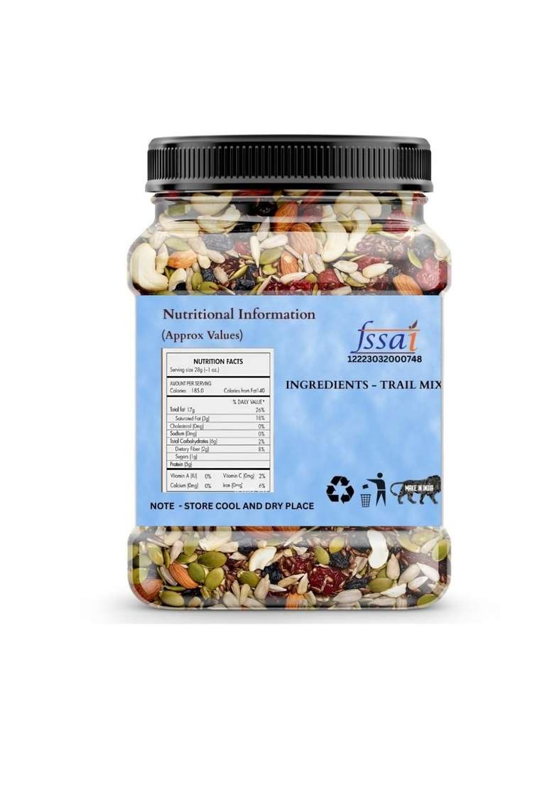 Dikshika Dry Fruits Premium Trail Mix 1 Kg | Healthy Mixed Nuts With Health 7 Superfoods Cashews Cranberries Sunflower Seeds Pumpkin Black Green Raisins - Indya