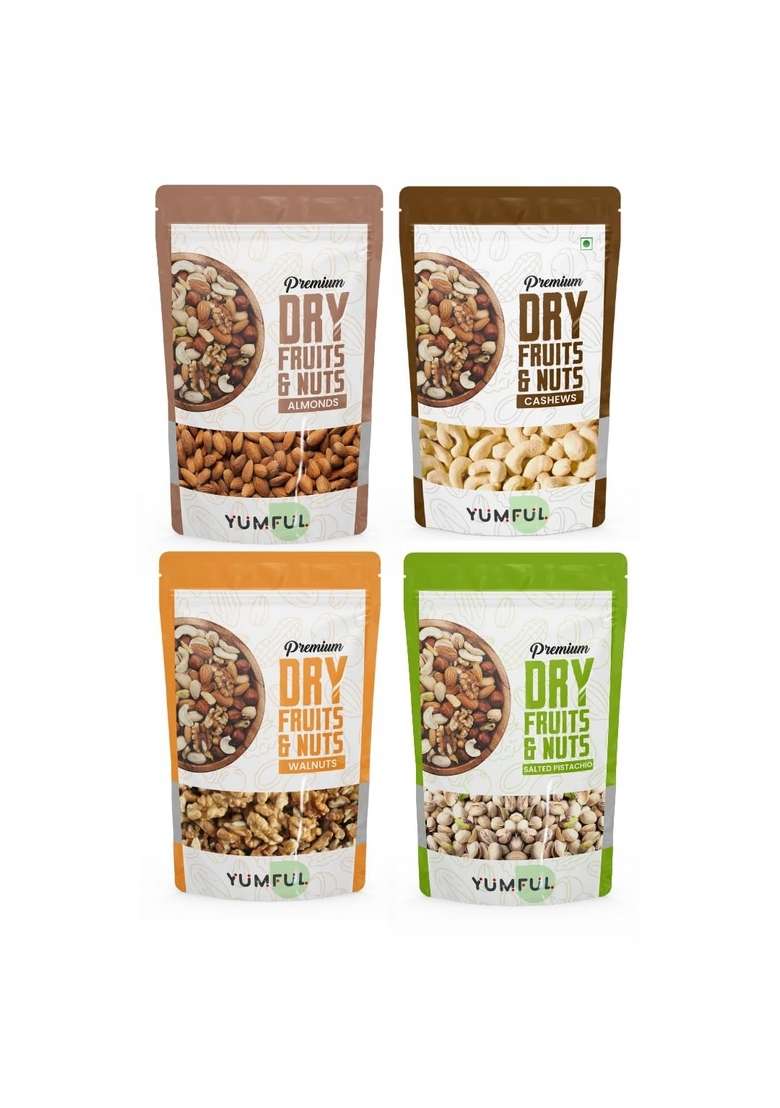 Yumful Dry Fruits Combo Pack Of 4 400G 100G Each | Healthy Almonds Cashews Salted Pistachios Walnuts Badam Kaju Pista Akhrot Delicious And Nutritious Snack - Indya