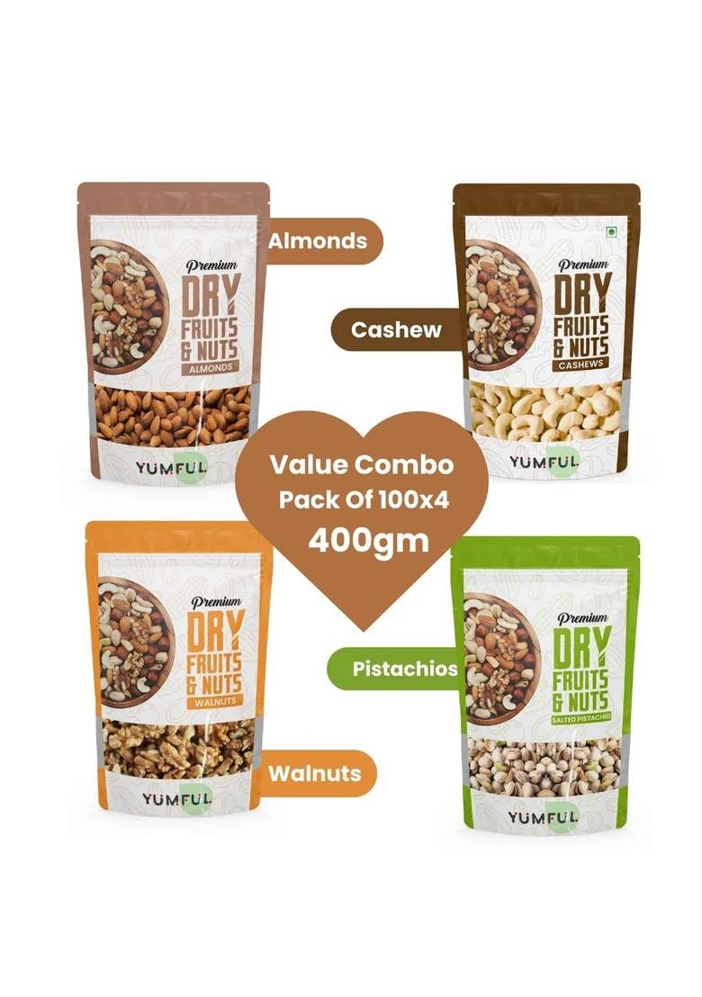 Yumful Dry Fruits Combo Pack Of 4 400G 100G Each | Healthy Almonds Cashews Salted Pistachios Walnuts Badam Kaju Pista Akhrot Delicious And Nutritious Snack - Indya