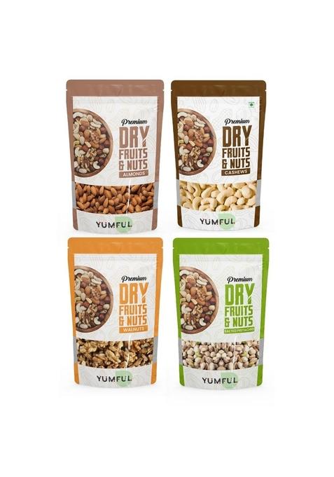 Yumful Dry Fruits Combo Pack Of 4 400G 100G Each | Healthy Almonds Cashews Salted Pistachios Walnuts Badam Kaju Pista Akhrot Delicious And Nutritious Snack