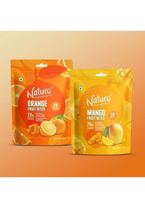 Naturo Fruit Bites Combo Pack – 20 Mango Orange Mini | Fruity Snack Pouches |Pocket Sized Treats