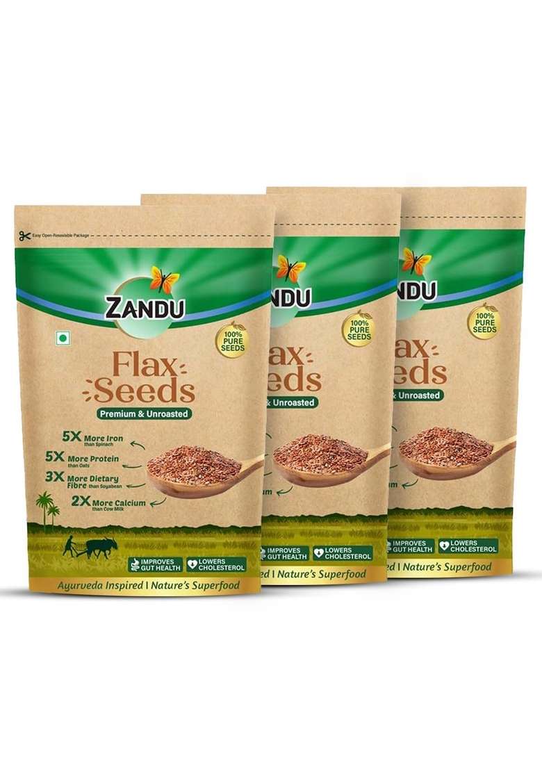 Zandu Flax Seeds 200Gm Pack Of 3 I Premium Raw Rich In Protein Dietary Fibre Promotes Healthier Skin Hair Resealable - Indya