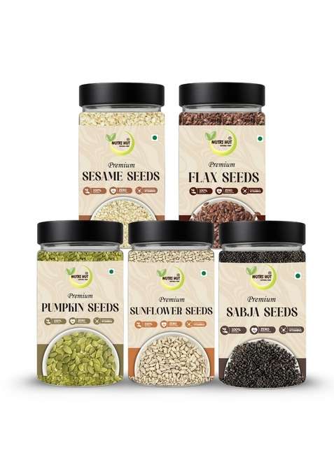 Nutri Hut Seeds Combo Pack Of 5 – Flax Sesame Pumpkin Sunflower Sabja | 200G Each Raw Natural Rich In Omega 3 Protein Fiber Ideal For Snacking Salads Healthy Recipes 1Kg