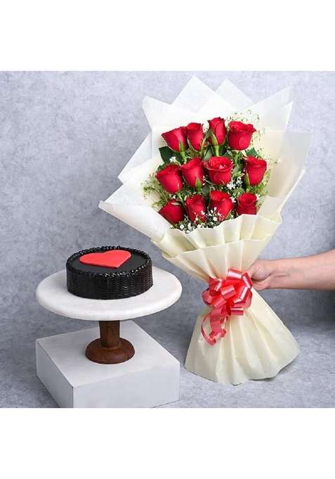 Floweraura Premium Combo Of Fresh Live 12 Red Roses Flower Bouquet With Delicious 500G Love Chocolate Cake For Birthday | Anniversary Valentine'S Day New Year Christmas Same Delivery