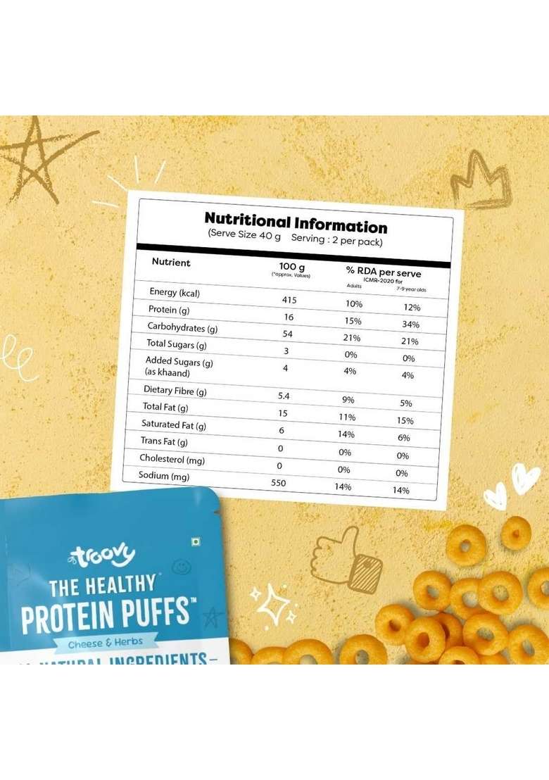 Troovy Healthy High Protein Puffs | Cheese Herbs Flavoured No Palm Oil Cholesterol Or Trans Fats Junk Chemicals Made With Multiple Millets Grains And Dal Pack Of 3 X 80 Gm - Indya