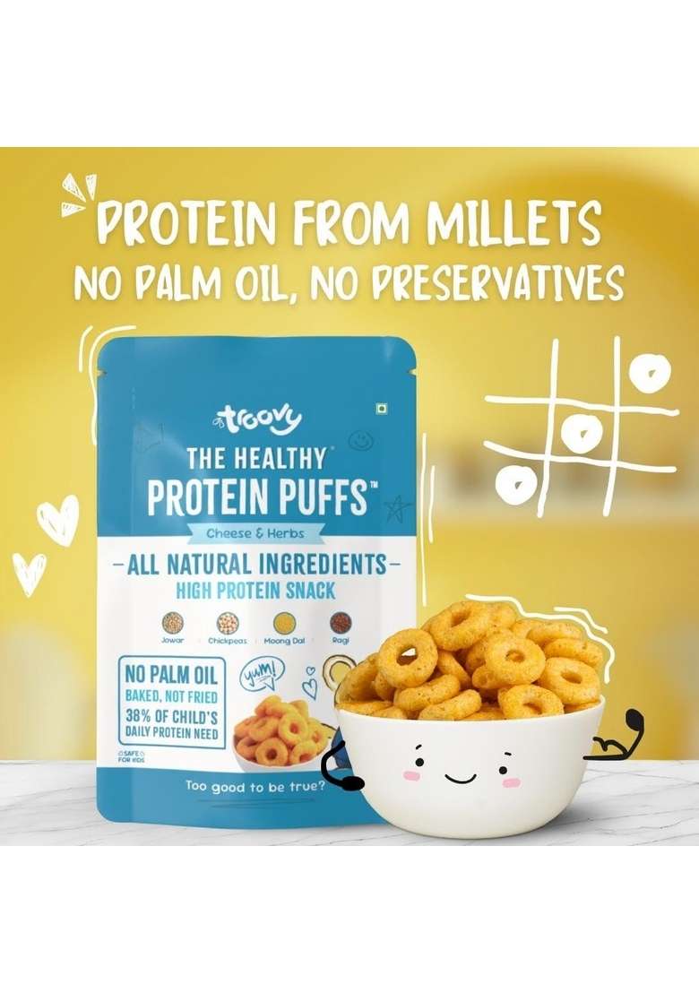 Troovy Healthy High Protein Puffs | Cheese Herbs Flavoured No Palm Oil Cholesterol Or Trans Fats Junk Chemicals Made With Multiple Millets Grains And Dal Pack Of 3 X 80 Gm - Indya