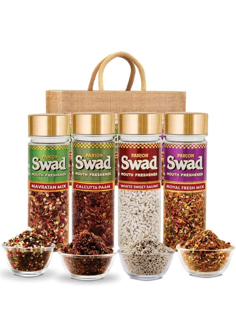 Panjon Swad Combo Mouth Fresheners White Sweet Saunf Navratan Elaichi Calcutta Paan Royal Fresh Mukhwas 100 Vegan Gluten Free | Special Pack Of 4 Jute Gift Set - Indya