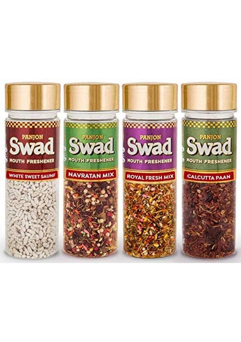 Panjon Swad Combo Mouth Fresheners White Sweet Saunf Navratan Elaichi Calcutta Paan Royal Fresh Mukhwas 100 Vegan Gluten Free | Special Pack Of 4 Jute Gift Set - Indya