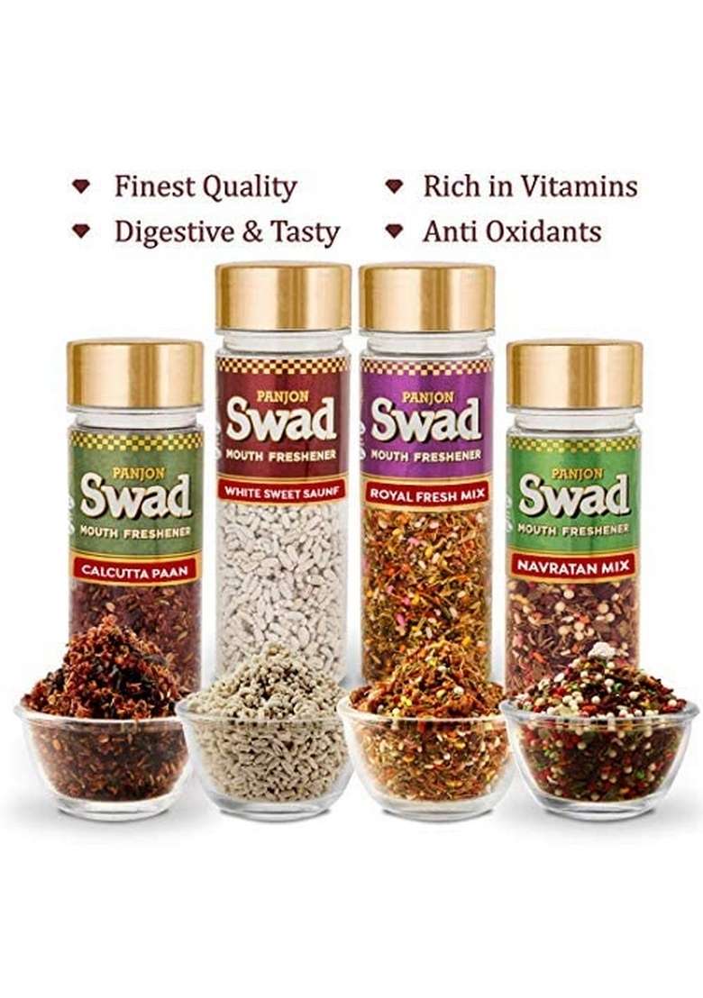 Panjon Swad Combo Mouth Fresheners White Sweet Saunf Navratan Elaichi Calcutta Paan Royal Fresh Mukhwas 100 Vegan Gluten Free | Special Pack Of 4 Jute Gift Set - Indya