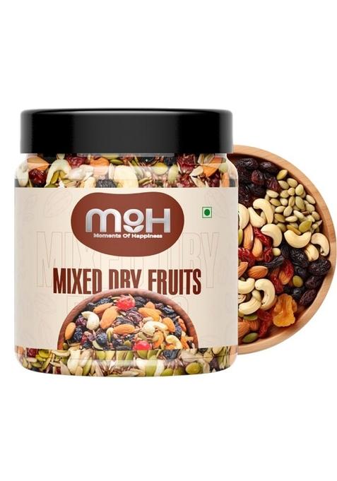 M O H Moments Of Happiness Moh Premium Mixed Dry Fruits Almonds Cashews Raisins Kiwi Apricots Dates Natural No Added Sugar Healthy Snack For Gifting Office Daily Use 250G
