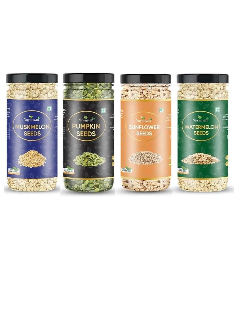 Nayanvati Raw Seeds Combo Pack – Muskmelon Watermelon Pumpkin Sunflower 100G Each Total 400G High Protein Healthy Snack - Indya
