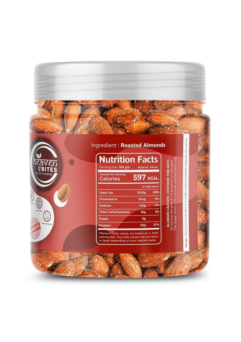 Heaven Bites Premium Californian Almonds Roasted Salted 1000 Gm | High In Fiber Real Nuts Whole Natural Badam Rich Protein Magnesium Phosphorus Dietary Fibre Dry Fruits Gluten Free Zero Cholesterol - Indya
