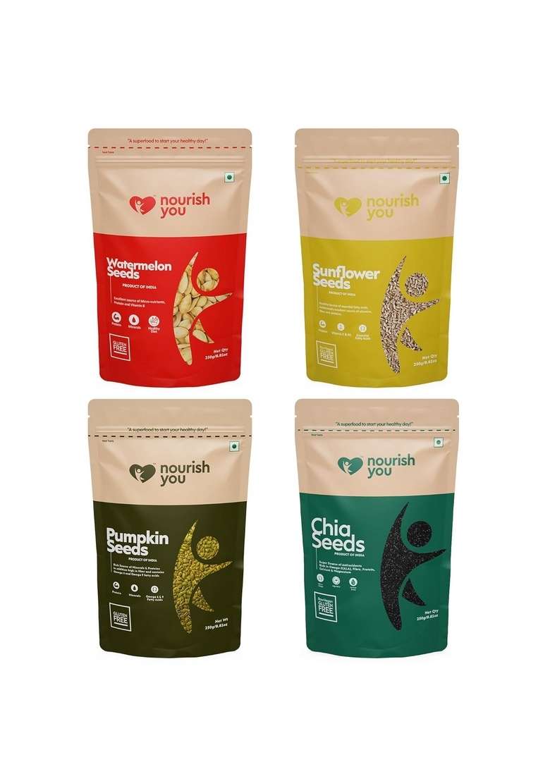 Nourish You Healthy Edible Raw Seeds Combo 1Kg | Jumbo Pumpkin Sunflower Watermelon Chia 250G Each Pack For Eating Immunity Booster Diet Protein And Rich In Fibre - Indya