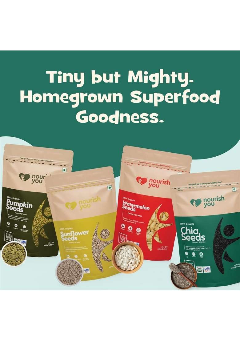 Nourish You Healthy Edible Raw Seeds Combo 1Kg | Jumbo Pumpkin Sunflower Watermelon Chia 250G Each Pack For Eating Immunity Booster Diet Protein And Rich In Fibre - Indya