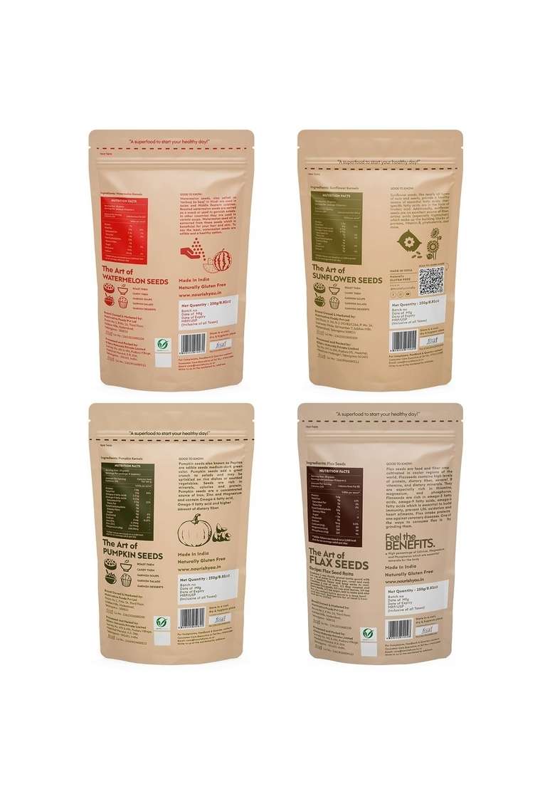 Nourish You Healthy Edible Raw Seeds Combo 1Kg | Jumbo Pumpkin Sunflower Watermelon Chia 250G Each Pack For Eating Immunity Booster Diet Protein And Rich In Fibre - Indya