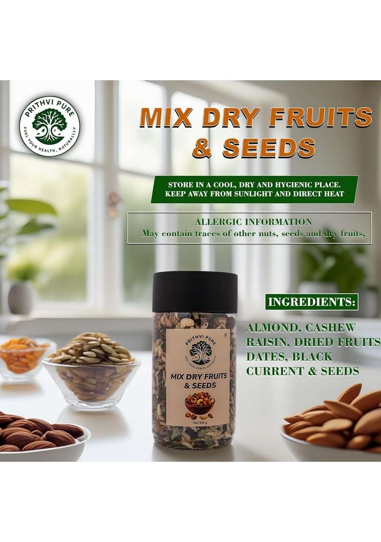 Prithvi Pure Premium Mixed Dry Fruits And Seeds 500G Pack Nutritious Blend Of Nuts Resealable Package For Daily Snacking Cooking - Indya