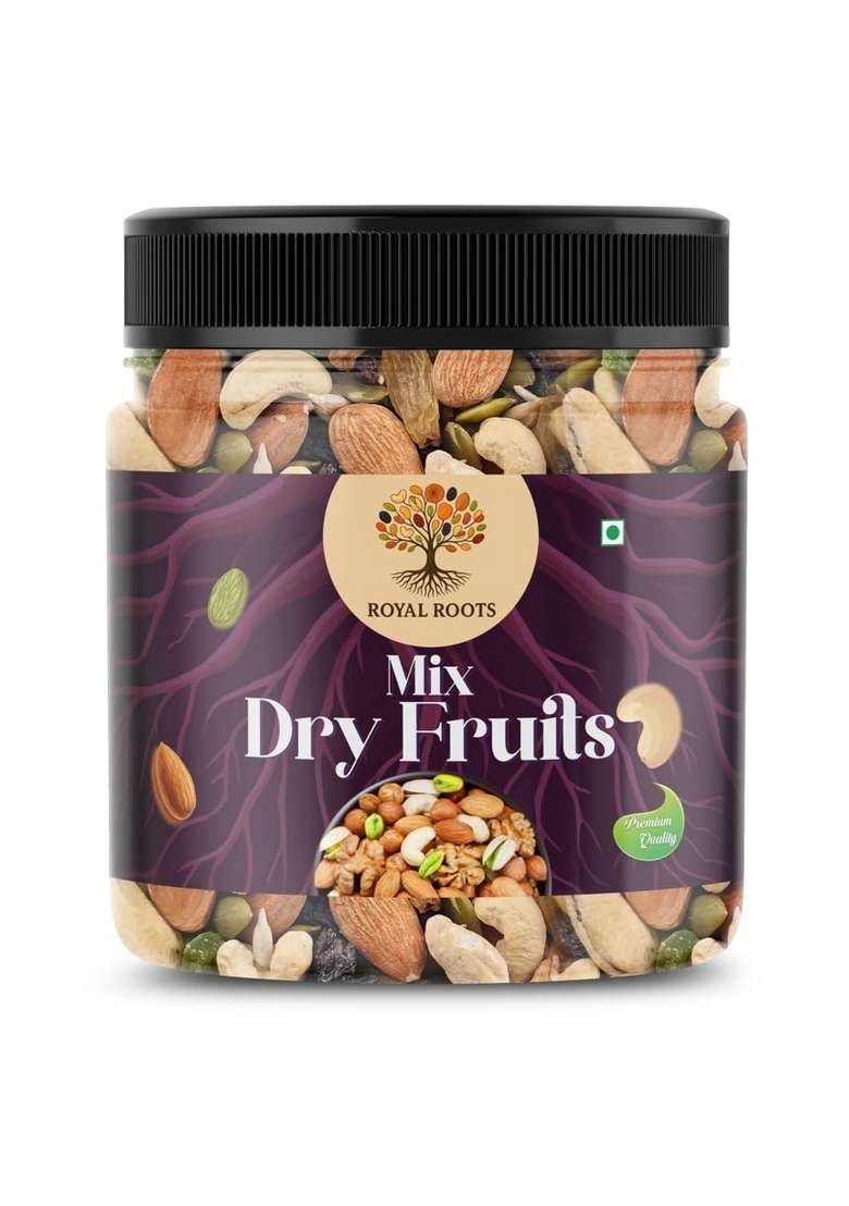 Royal Roots Healthy Mixed Dry Fruits Nutmix|Blend Of Dried Almonds Cashews Black Green Raisins Cranberries More 450G - Indya
