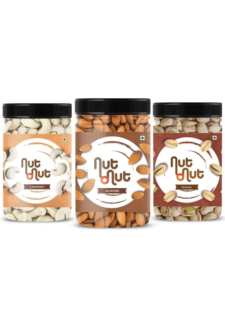 Nut O Dry Fruits Combo Pack 750 Gm Cashew W240 250Gm Almond Pista 250G | Healthy Snacking Kaju Badam Natural Crunchy Nuts Mix And Diwali Gift - Indya