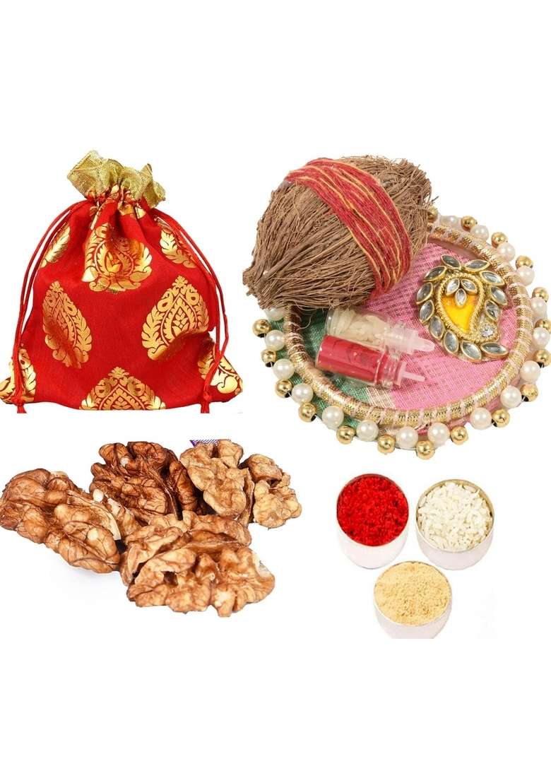 Mantouss Bhai Dooj Gift Hamper Tikka For Brother Tika Thali Set Roli Chawal Platter Akhrot Walnut In A Designer Potli Puja Chandan - Indya