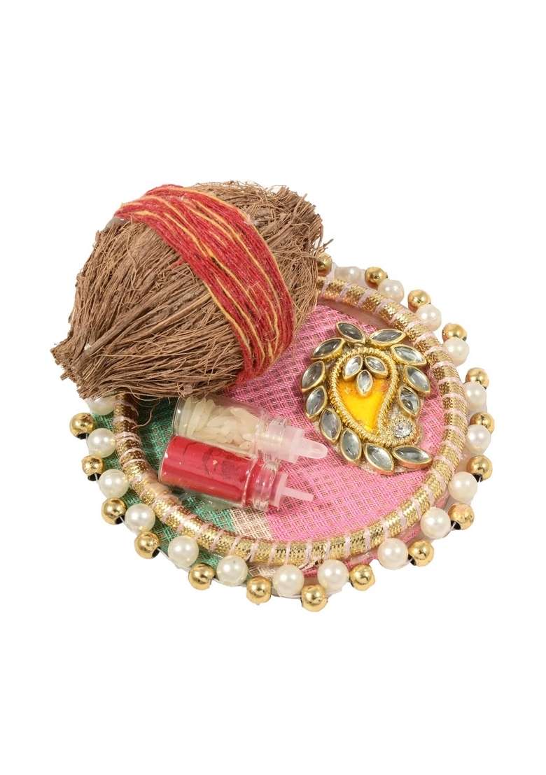 Mantouss Bhai Dooj Gift Hamper Tikka For Brother Tika Thali Set Roli Chawal Platter Akhrot Walnut In A Designer Potli Puja Chandan - Indya