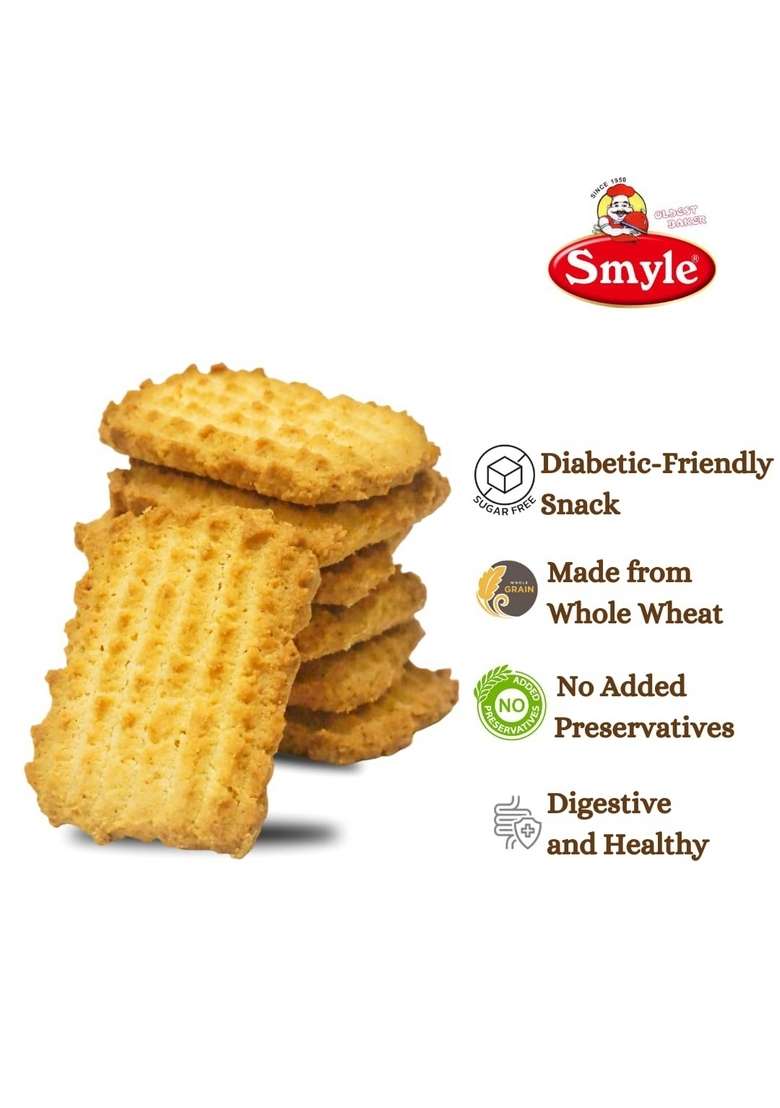 Smyle | Handmade Sugar Free Atta Biscuits Digestive And Healthy Diabetic Friendly Rich In Fibre 250G Per Tray Pack Of 2 Trays 500G Net Weight Combined Whole Wheat Flour - Indya