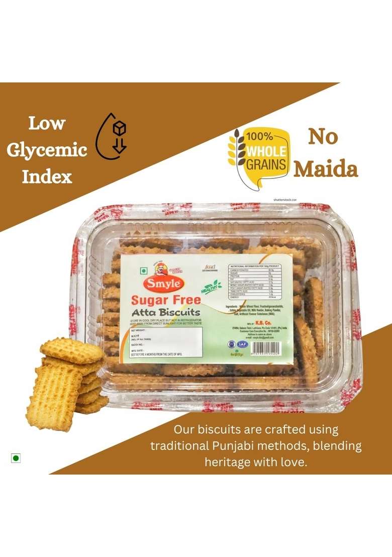 Smyle | Handmade Sugar Free Atta Biscuits Digestive And Healthy Diabetic Friendly Rich In Fibre 250G Per Tray Pack Of 2 Trays 500G Net Weight Combined Whole Wheat Flour - Indya