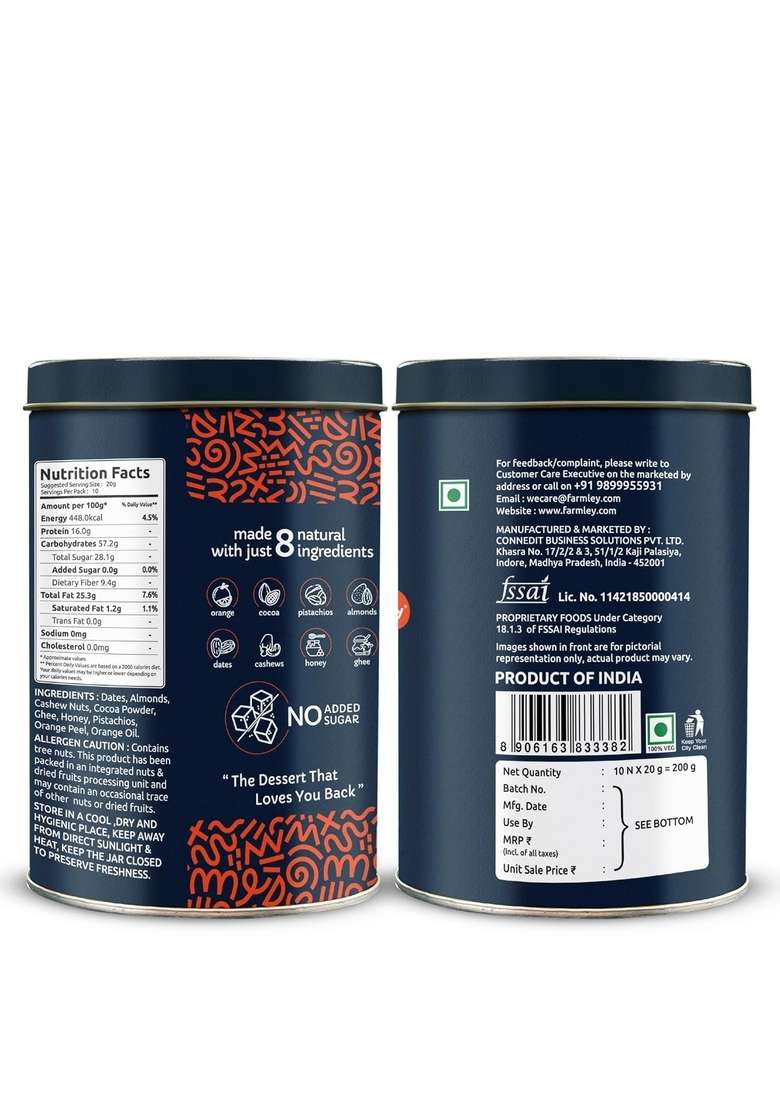 Farmley Dark Choco Orange Date Bites Tin Jar 200G I Dry Fruits Nuts Chocolate Flavoured Healthy Sweets No Added Sugar Pack Of 2 - Indya