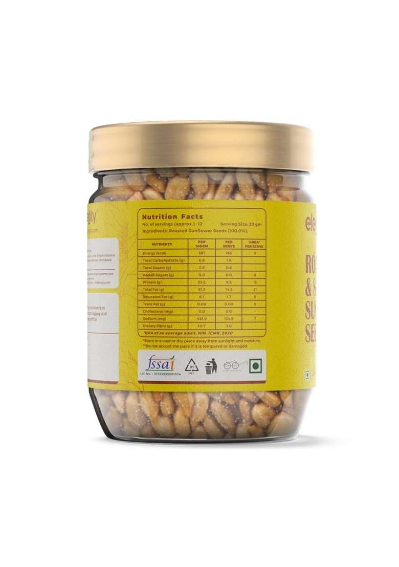Elegity Roasted Salted Sunflower Seeds 250 Gm | Premium Organic Nutrient Packed Ideal For Weight Loss High Protein Rich In Fiber Your Ultimate Healthy Snack Preservative Free Fresh - Indya