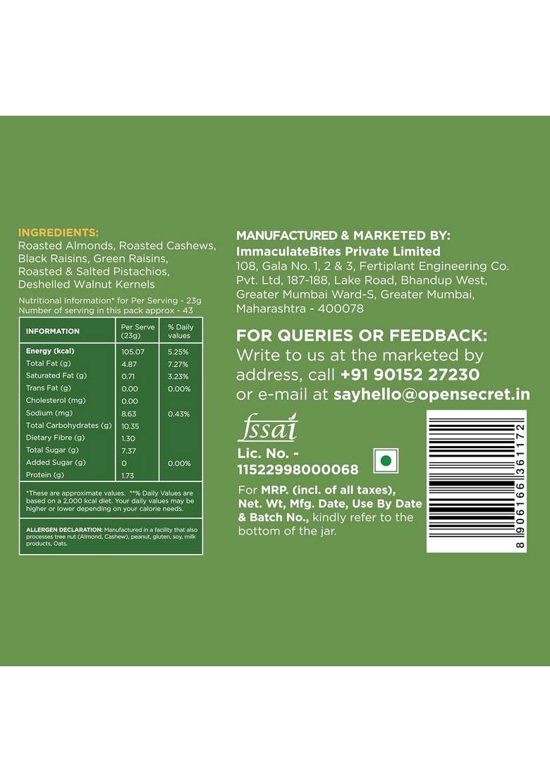 Open Secret Premium Dry Fruit Mix | 1Kg 6 Superfood In 1 Fruits Mixed Pack Contains Walnut Cashew Almond Pista Green Black Raisins Of - Indya