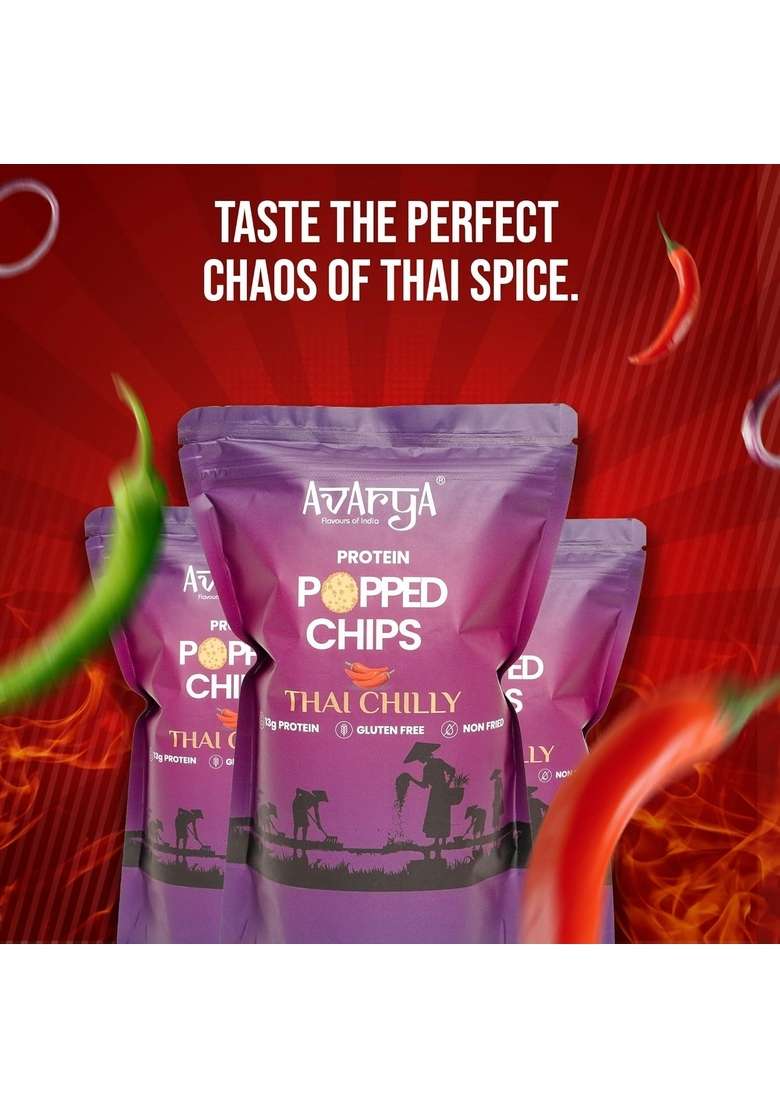 Avarya Flavours Of India Protein Popped Chips High Low Fat Snacks Not Fried Guilt Free Healthy For Fitness Diet Pack 2 Thai Chilly - Indya