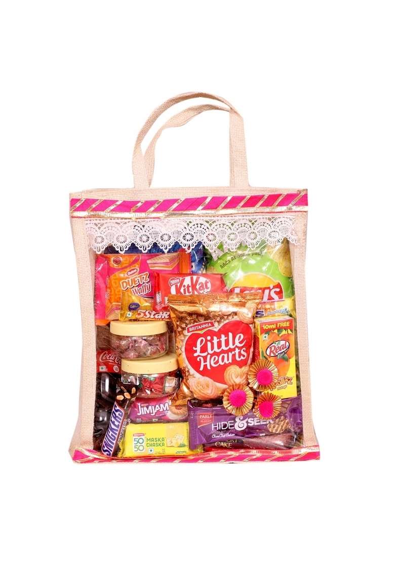 Food Library The Magic Of Nature Jute Bag With Assorted Chocolates Candies Snacks Festive Snack And Sweets Gift – Treats Goodies Wedding Welcome Gifts For Guests In Rooms Travel Picnic Family Corporate Gifting - Indya