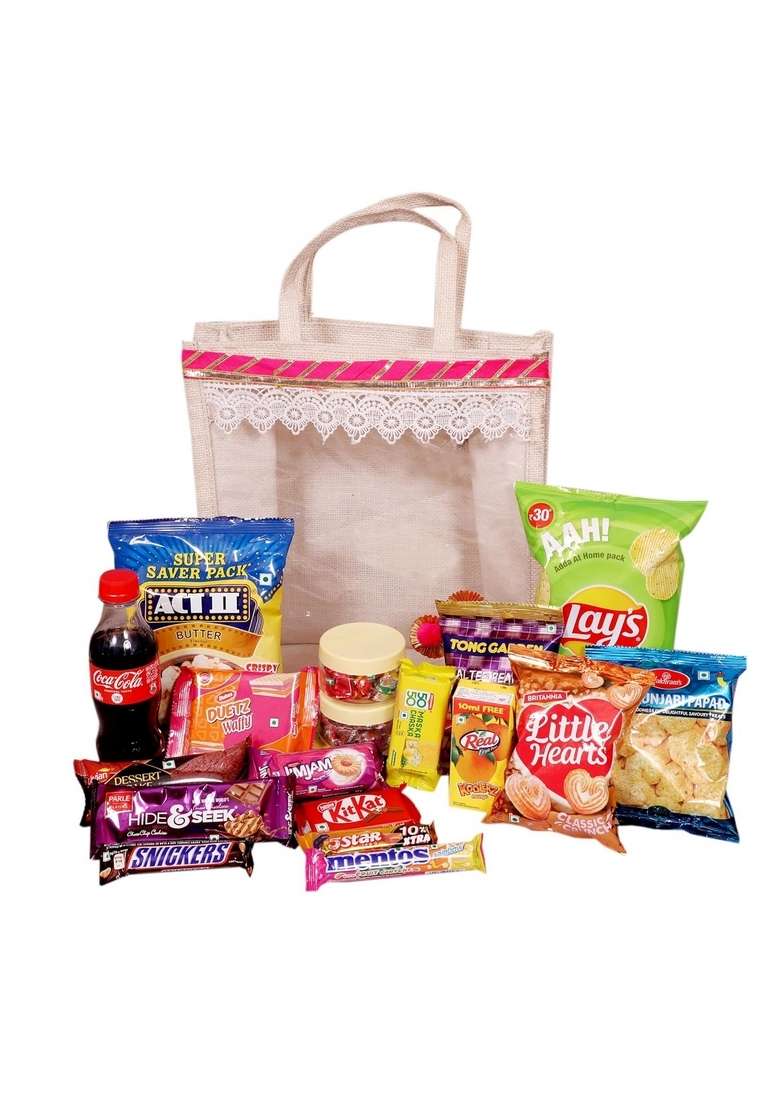 Food Library The Magic Of Nature Jute Bag With Assorted Chocolates Candies Snacks Festive Snack And Sweets Gift – Treats Goodies Wedding Welcome Gifts For Guests In Rooms Travel Picnic Family Corporate Gifting - Indya