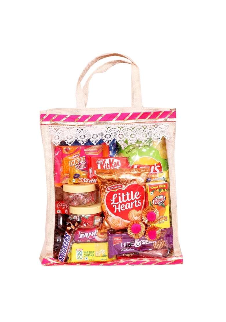 Food Library The Magic Of Nature Jute Bag With Assorted Chocolates Candies Snacks Festive Snack And Sweets Gift – Treats Goodies Wedding Welcome Gifts For Guests In Rooms Travel Picnic Family Corporate Gifting - Indya