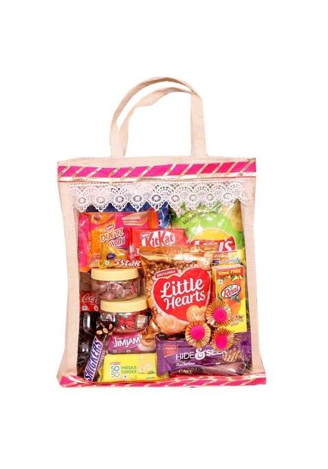 Food Library The Magic Of Nature Jute Bag With Assorted Chocolates Candies Snacks Festive Snack And Sweets Gift – Treats Goodies Wedding Welcome Gifts For Guests In Rooms Travel Picnic Family Corporate Gifting
