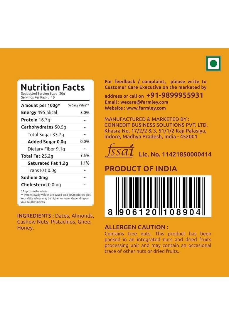 Farmley Classic Date Bites 200 G Pack Of 2 I Dates Barfi Made With Pista Cashews Almonds Honey And Pure Ghee Dry Fruits Nuts Healthy Sweets Gluten Free No Added Sugar - Indya