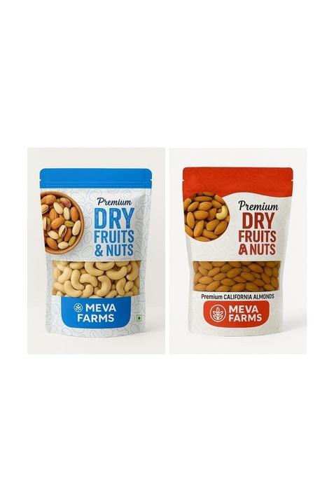 Meva Farms Combo Californian Almonds 500G Natural Cashews | Pack Of 2 High Protein Iron Antioxidants Heart Healthy Vegan Gluten Free Resealable Pouches