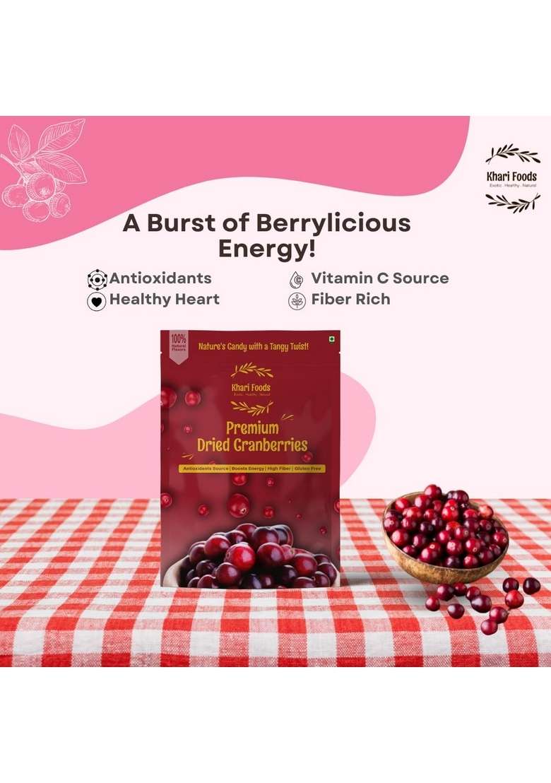 Khari Foods Dried Cranberries Dry Fruit Berries Rich In Antioxidants Energy Booster No Preservatives 100G - Indya