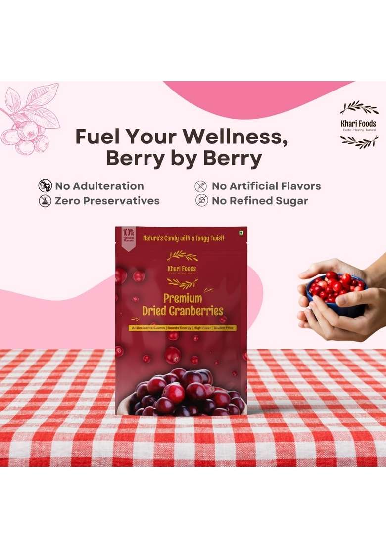 Khari Foods Dried Cranberries Dry Fruit Berries Rich In Antioxidants Energy Booster No Preservatives 100G - Indya
